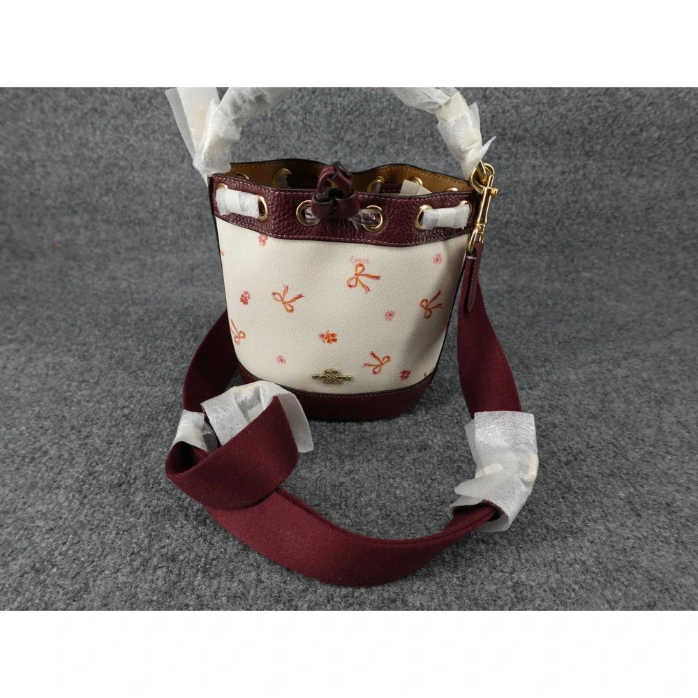 Coach Dempsey Drawstring Bucket Bag 15 Bow Print Chalk Wine CN707 Mini Crossbody